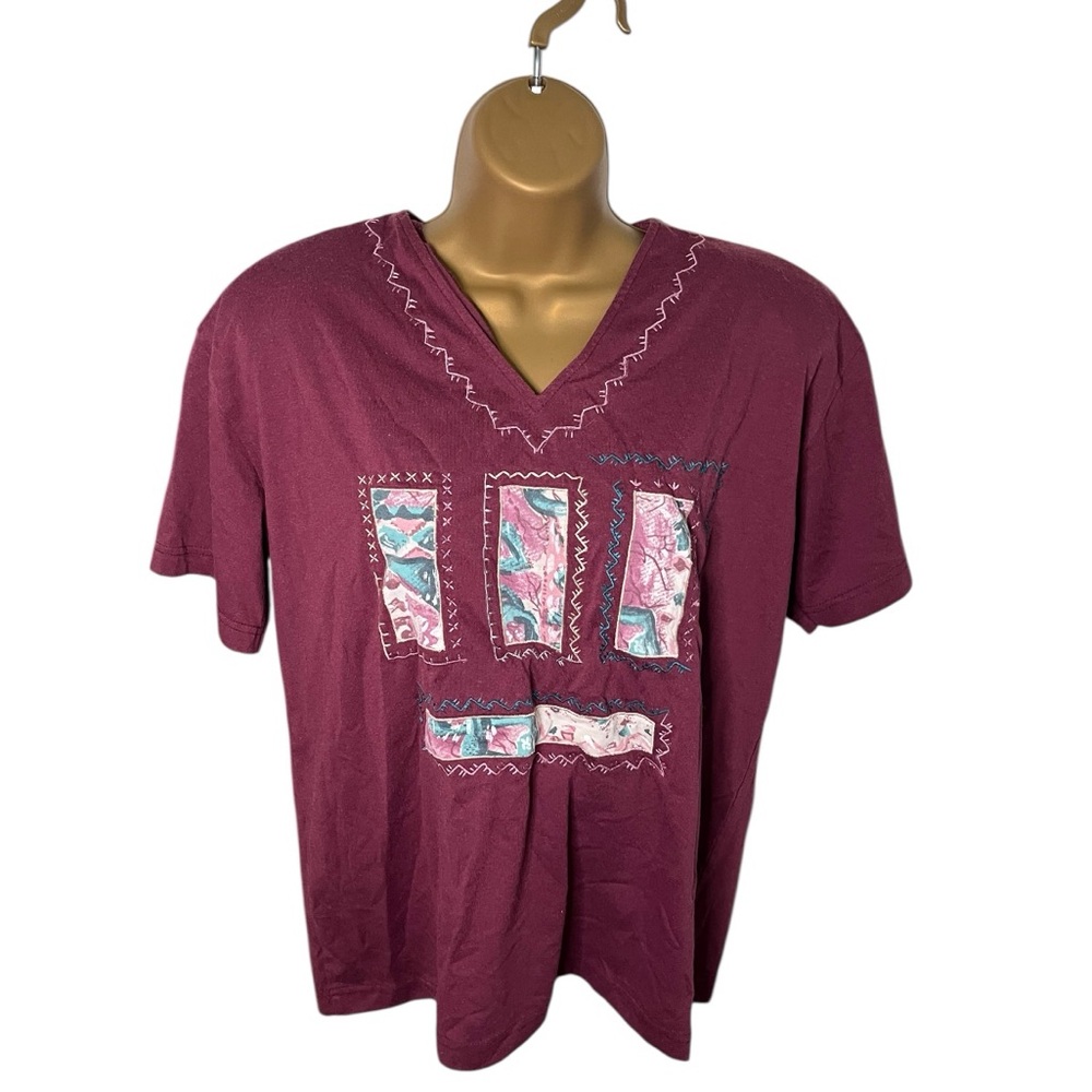 Vtg 80s Colleen’s Collectables Artsy Abstract Embroidered Patchwork Top Maroon S